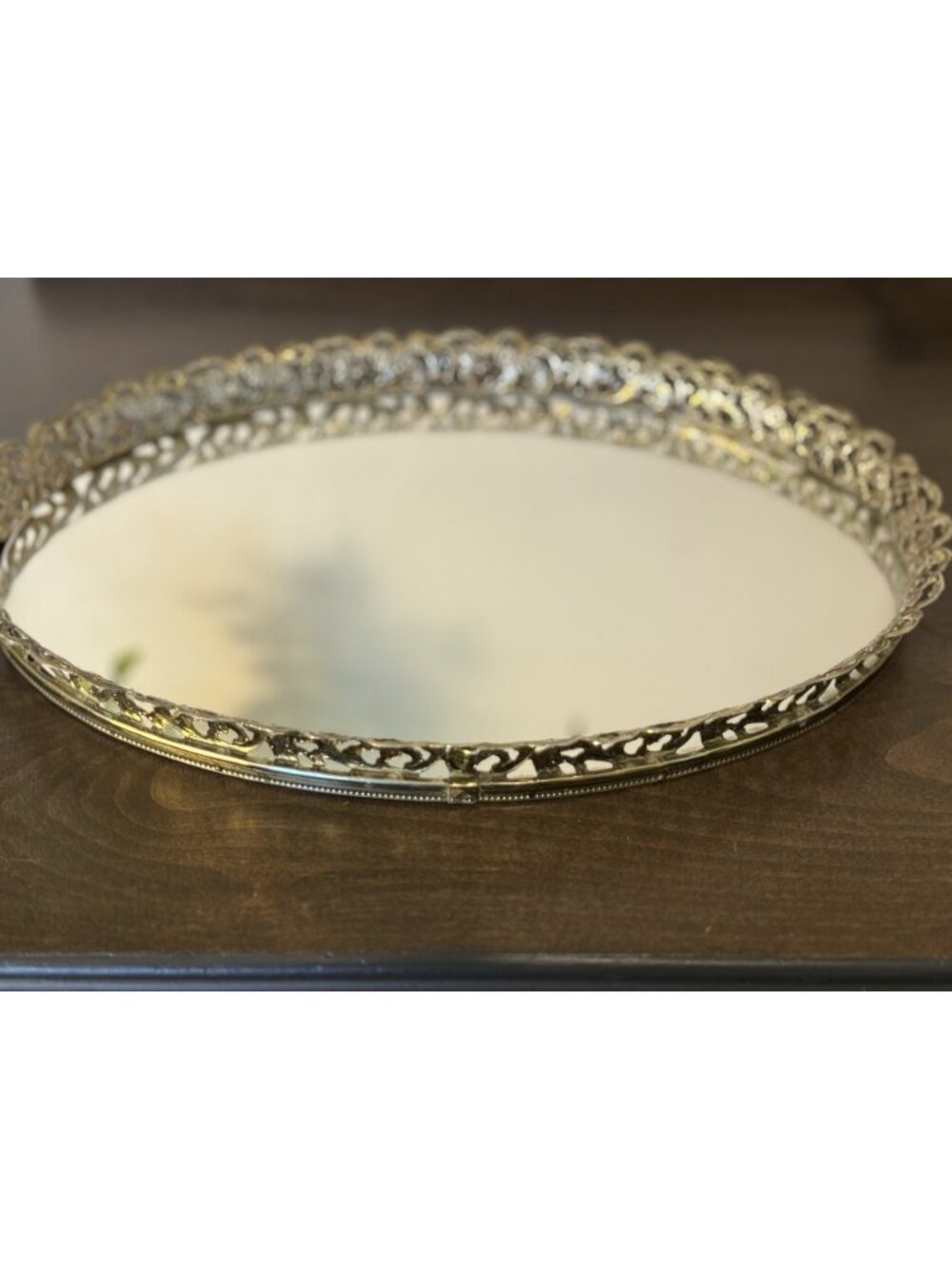 Vintage Oval Gold-tone Filigree Mirrored Vanity Tray Rose Boarder